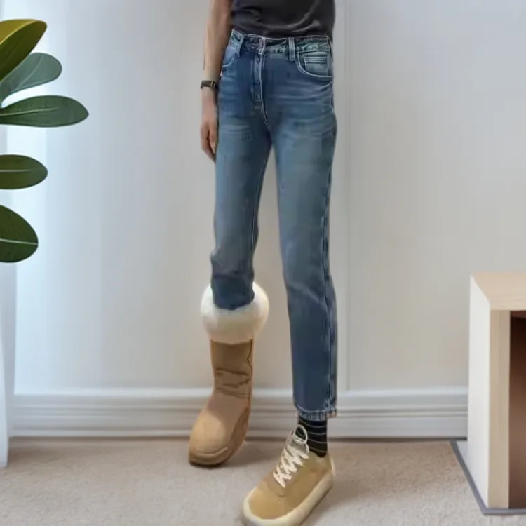 蓝色直筒裤2026早春新款大码女装高腰弹力烟管裤窄版刺绣九分裤潮