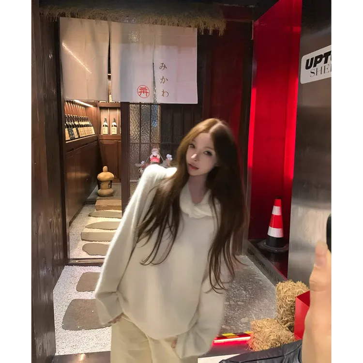 【札幌恋人】白色堆堆领两穿绒感套头毛衣纯欲针织上衣