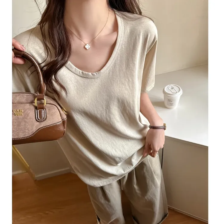 (现货运费险+雪花棉）高级感V领宽松正肩打底衫短袖t恤女夏上衣