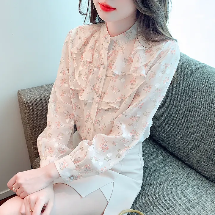 设计感小众荷叶边碎花雪纺衫女士春秋季长袖衬衫2025新款法式上衣