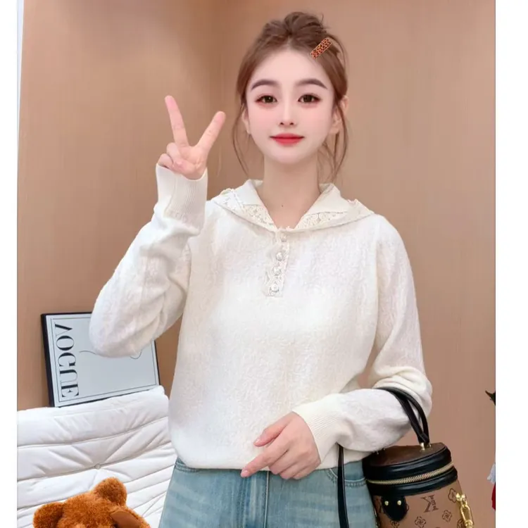 春季新品欧若风穿搭蕾丝连帽针织衫上衣女时尚长袖设计感百搭