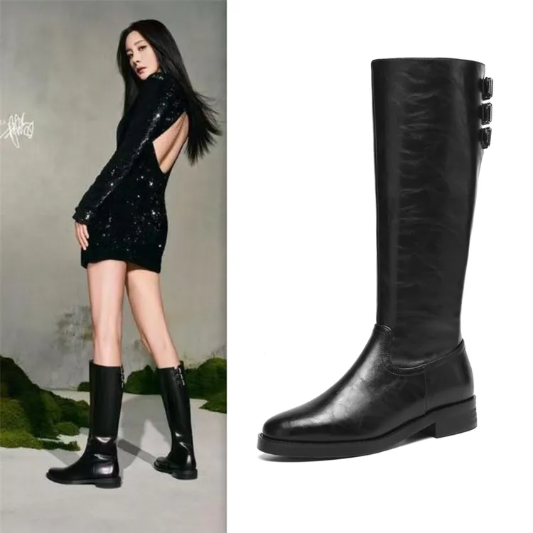 大幂幂同款三重奏真皮不过膝长靴骑士靴胖MM加肥加宽大码鞋41-43