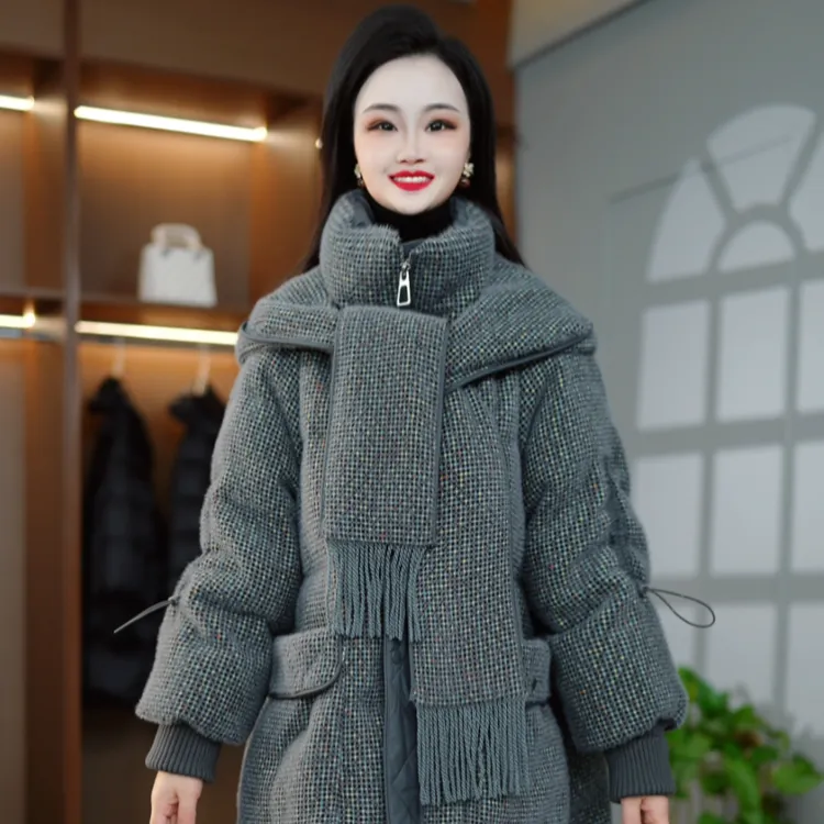 2025冬季新款时尚百搭轻奢高级感围巾领大码保暖羽绒服M-XL