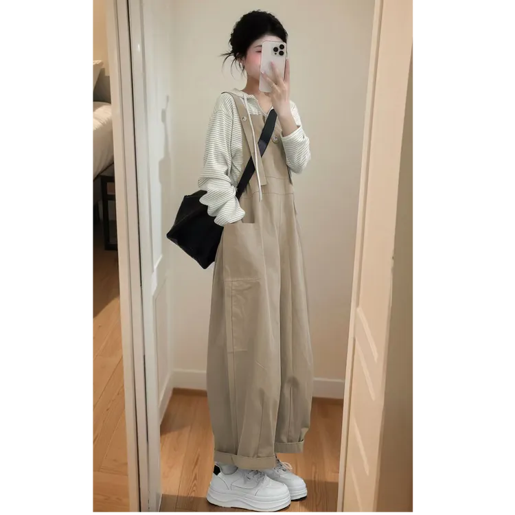 背带裤女春夏季小个子宽松显瘦减龄学院风小众连体萝卜哈伦裤套装