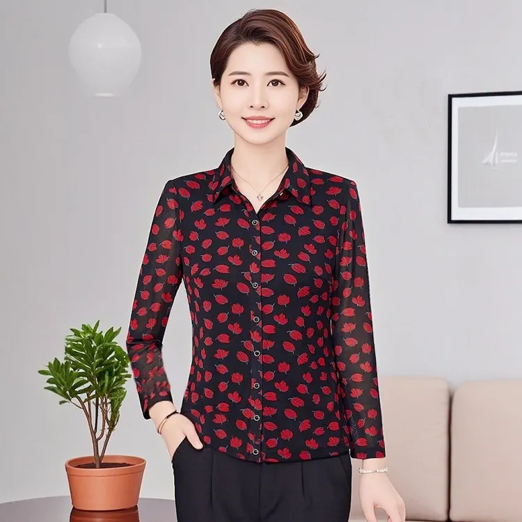 锦依罗弹力台湾网纱春秋中老年女装时尚修身开扣衬衫上衣