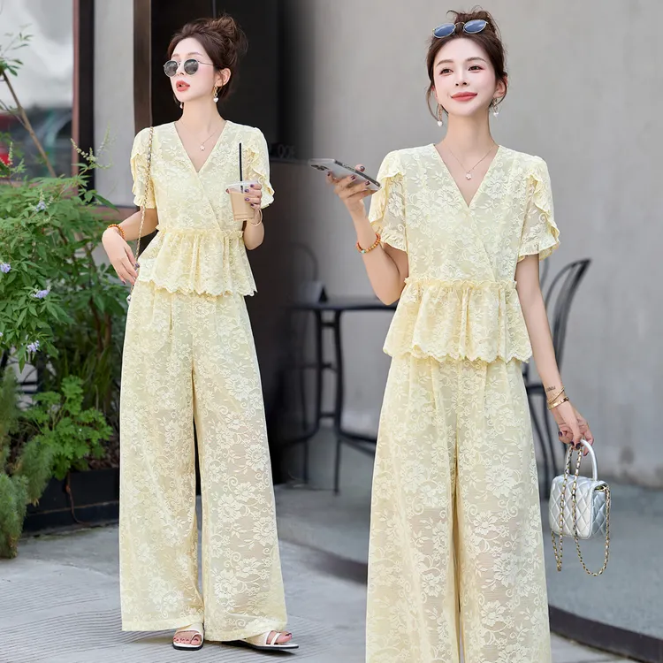 法式小香风刺绣蕾丝套装女2025夏季新款洋气减龄时尚阔腿裤两件套