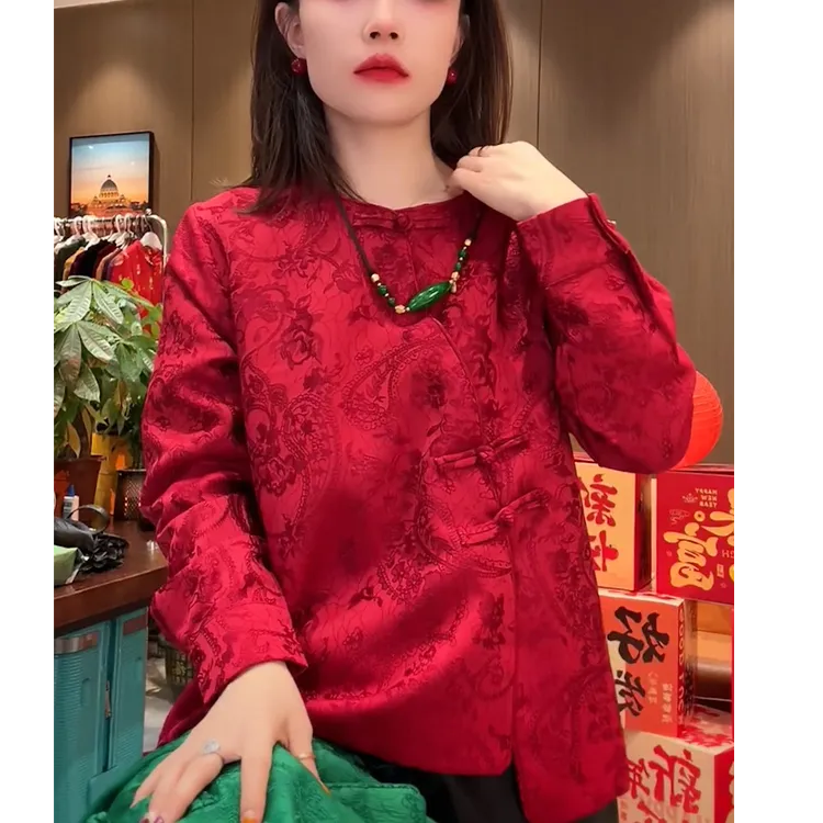 新中式国潮风红色上衣宽松版新年战袍打底衫女内搭衣服设计感大码