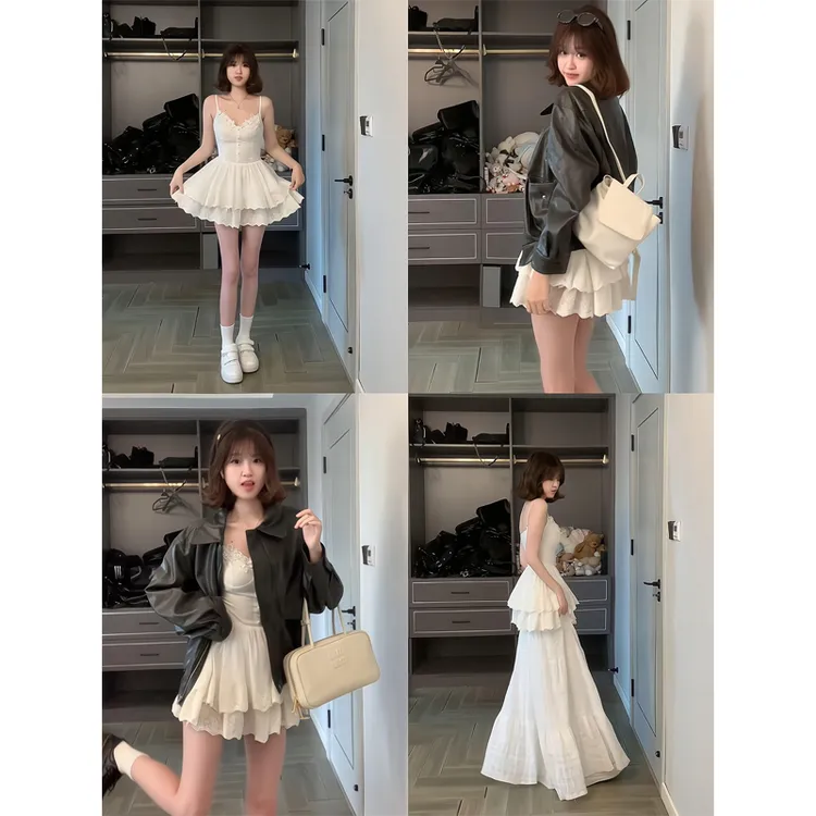 皮外套复古又酷又飒皮衣夹克白色吊带连衣裙女修身收腰显瘦蓬蓬裙