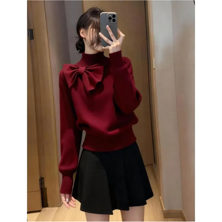 轻熟风气质半高领针织衫女2025秋冬新款巨好看蝴蝶结内搭软糯毛衣