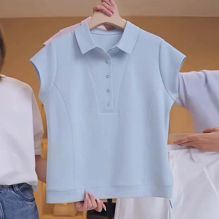 2025夏季新款蓝色翻领短袖T恤女时尚减龄宽松正肩POLO衫显瘦上衣