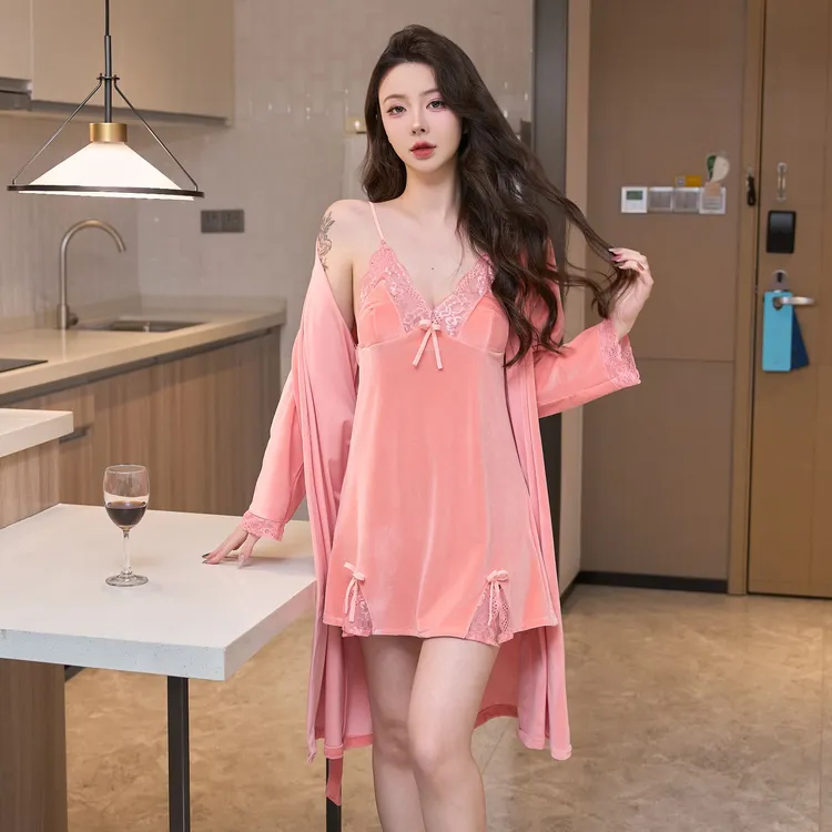 金丝绒性感睡衣女春秋冬季2025新款蕾丝纯欲风爆款吊带睡裙睡袍