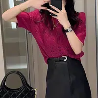 衣源C26#休闲圆领镂空钩花短袖衫新款显瘦百搭上衣 (长约53）