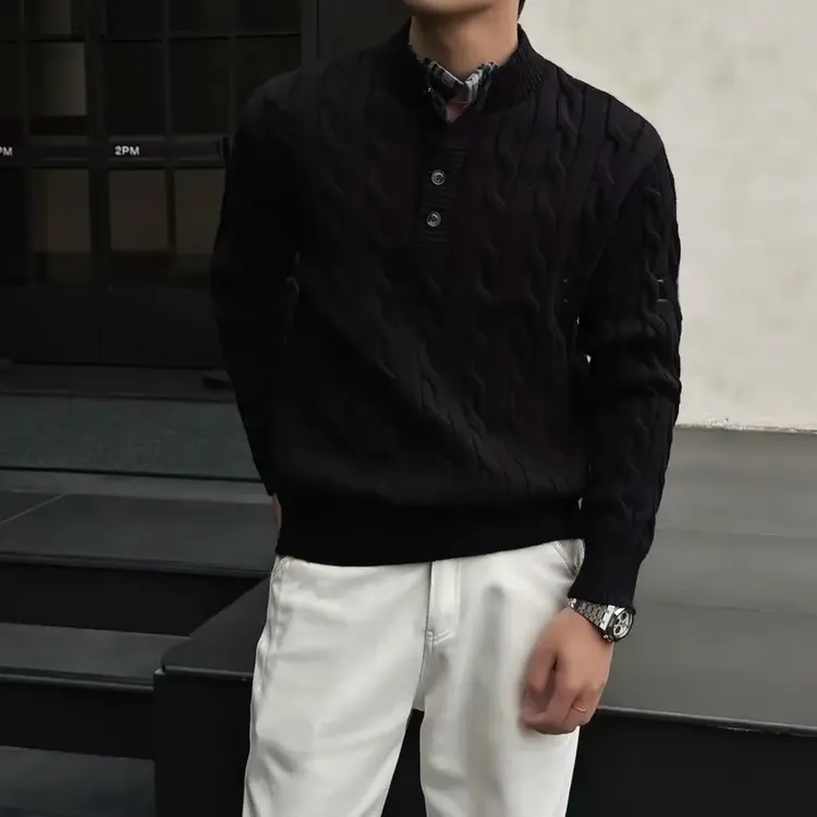 秋冬重磅针织毛衣男慵懒风亨利领轻奢老钱风绞花编织假两件毛衣男