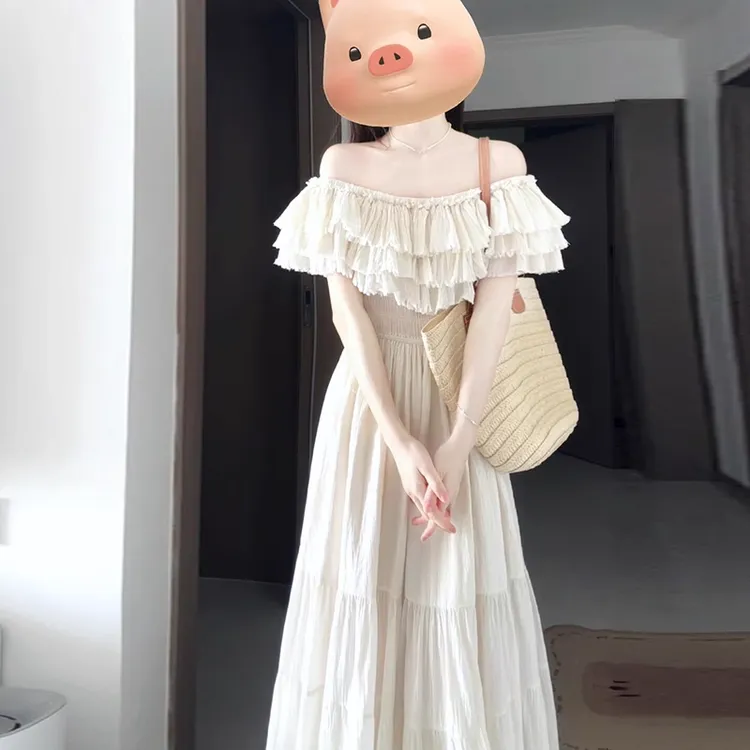 法式气质温柔风连衣裙女夏季2025新款纯欲一字肩荷叶边收腰长裙子