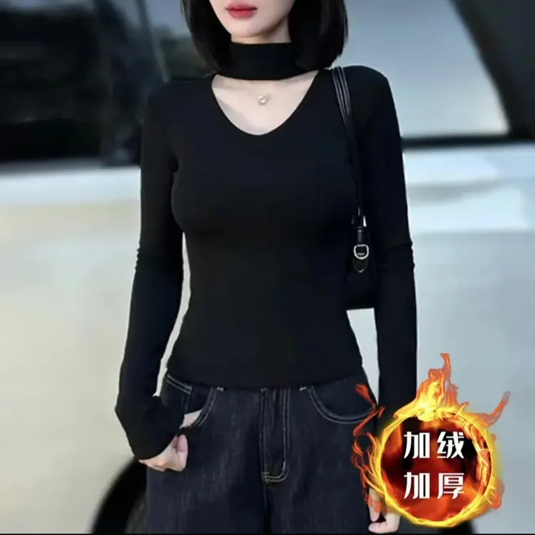 甲述 半高领打底衫冬季新款挂脖内搭镂空修身长袖显瘦时尚百搭T恤