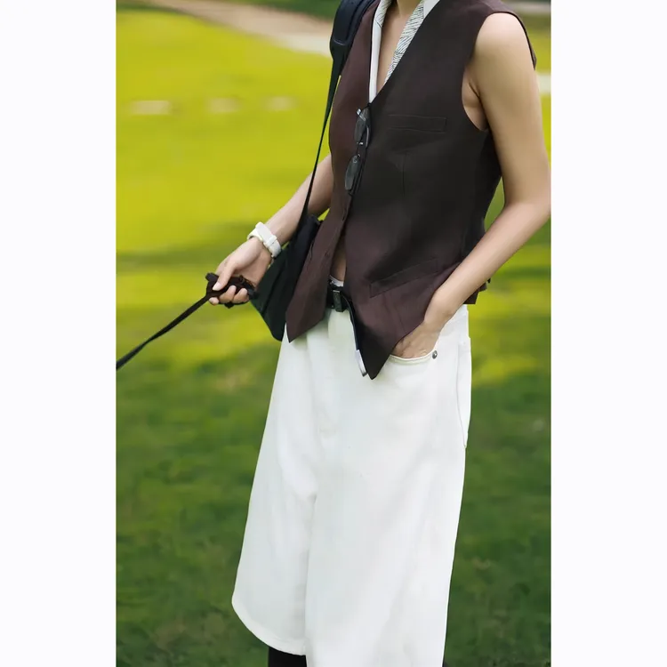 ZEROYK法式复古老钱风亚麻上衣女高级御姐范咖色修身显瘦马甲外套