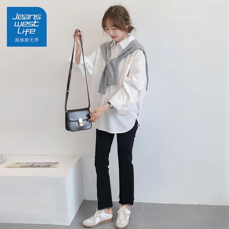 真维斯无界早春撞色披肩长袖衬衫个性时髦拼接设计宽松百搭外穿女
