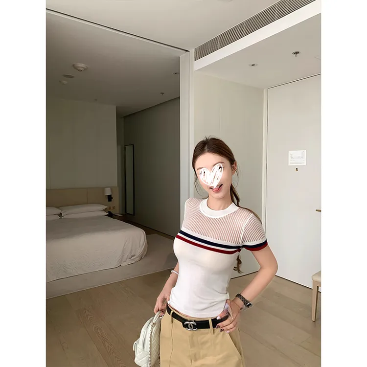 女士短袖上衣新款高级感半透明纯欲风条纹修身夏季薄款针织t恤