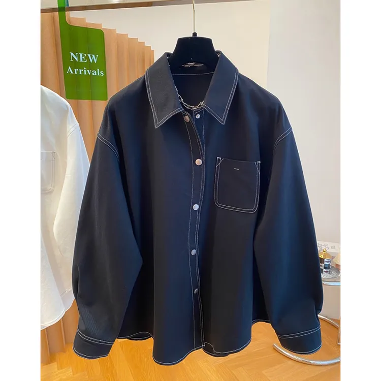 高级感明线黑色牛仔衬衫女长袖2025秋装新款宽松休闲复古超火上衣