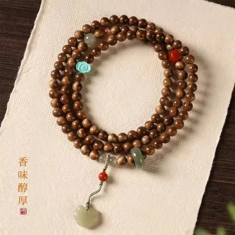 沉香108颗佛珠手串加里曼丹沉香多圈念珠原创和田玉手链女