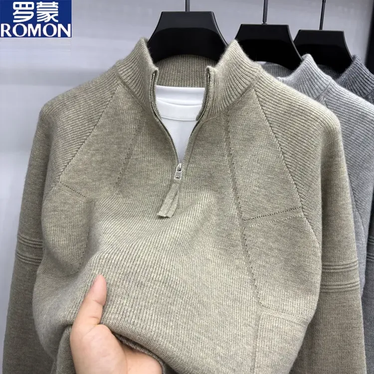 罗蒙2025秋冬男士立领半拉链针织衫时尚拼接百搭打底衫保暖毛衣男