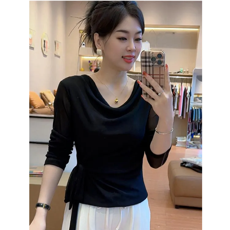 时尚堆堆领长袖T恤女2025秋季新款系带收腰显瘦气质短款高级上衣