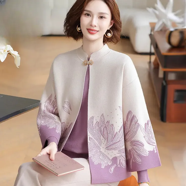 中年妈妈装秋装气质针织两件套中老年女装洋气春秋中国风外套套装