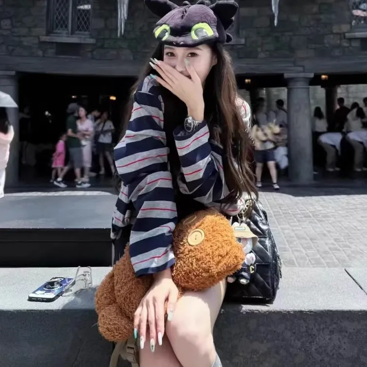 miu系穿搭圆领条纹宽松薄款长袖T恤女早秋慵懒风休闲显瘦百搭上衣
