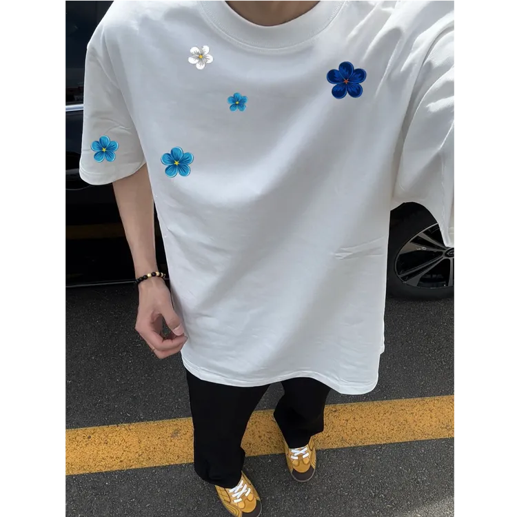 320G重磅凉感美式ins风花朵设计感印花短袖T恤男小众圆领打底衫男