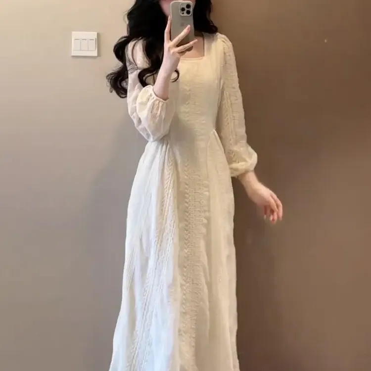 F1027新款温柔风重工蕾丝连衣裙子女早秋季法式初恋系收腰长裙