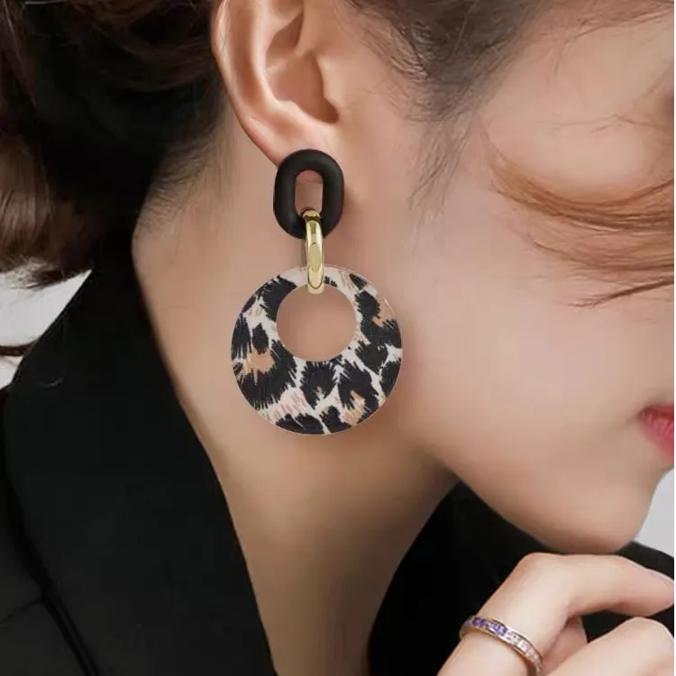 铜合金耳饰 女几何图案日韩拼色欧美风耳环夸张欧美简约豹纹耳环