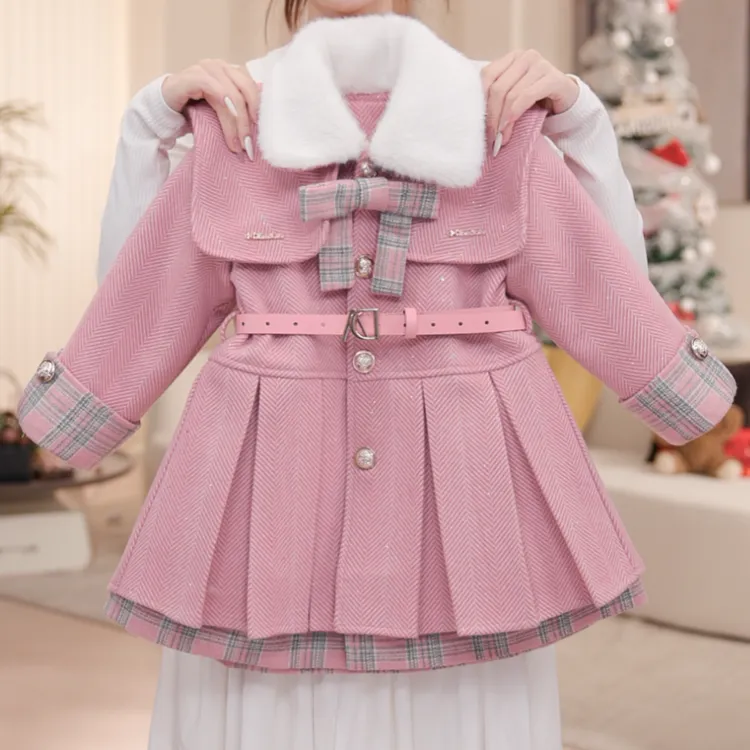 【淑女】女童秋冬加绒外套连衣裙加厚裙子披肩套装休闲女孩DS20040