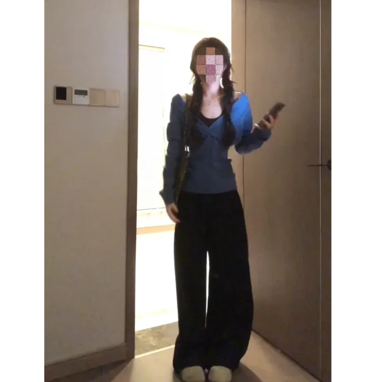 设计感美式辣妹蓝色毛衣针织打底衫上衣显瘦阔腿长裤套装女X11359