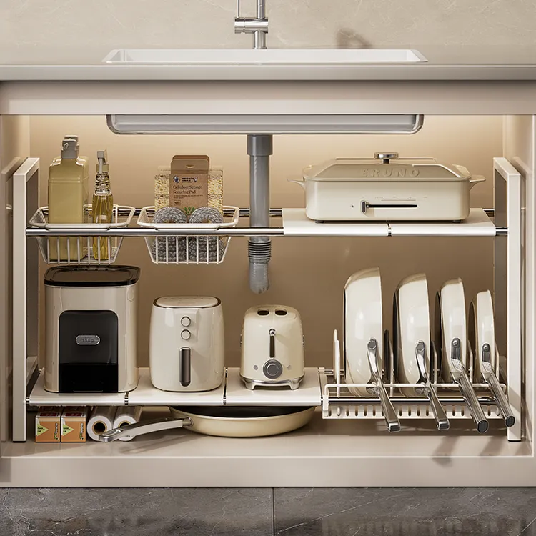 物鸣厨房可伸缩下水槽置物架家用橱柜分层架锅架多功能锅具收纳架