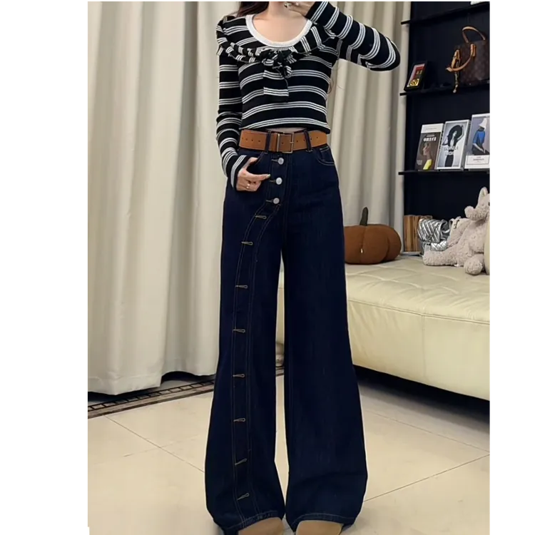 黑金蓝设计感直筒牛仔裤女秋冬加绒显瘦宽松超火高街时尚阔腿裤子