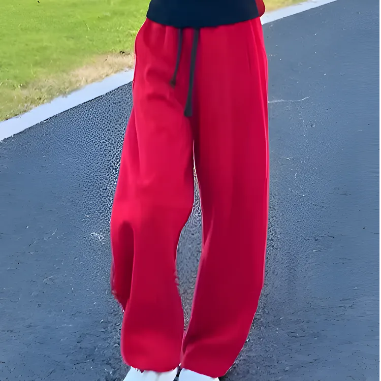 范哲萨秋冬加绒加厚红色阔腿裤女2025新款松紧腰网红洋气炸街女装