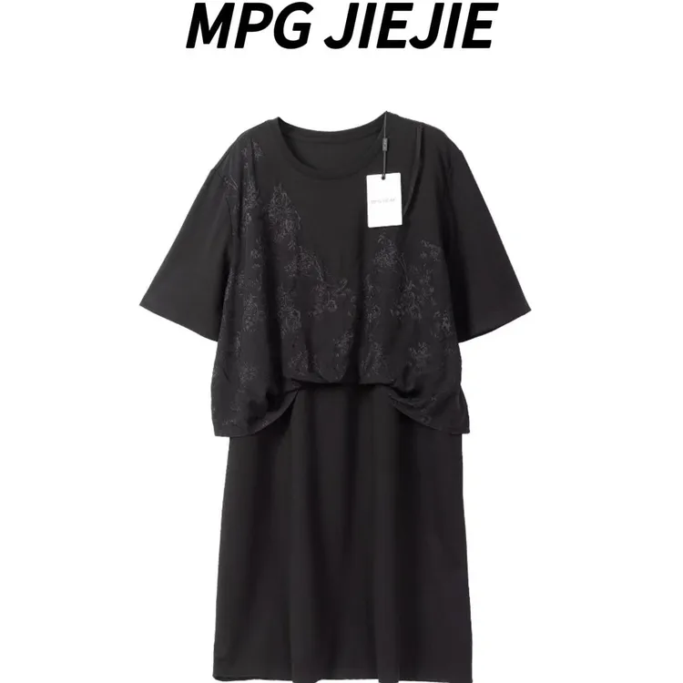 MPG JIEJIE【结构美】25春夏显瘦女人味气质时尚休闲黑色拼接连衣裙