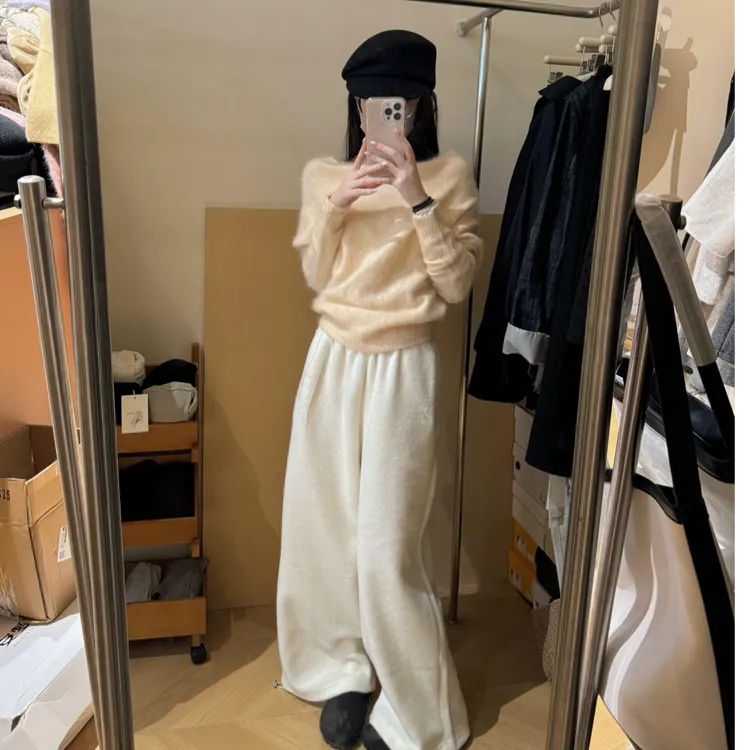 温柔甜美简约斜肩长袖毛衣针织衫气质显瘦洋气休闲百搭宽松长裤女