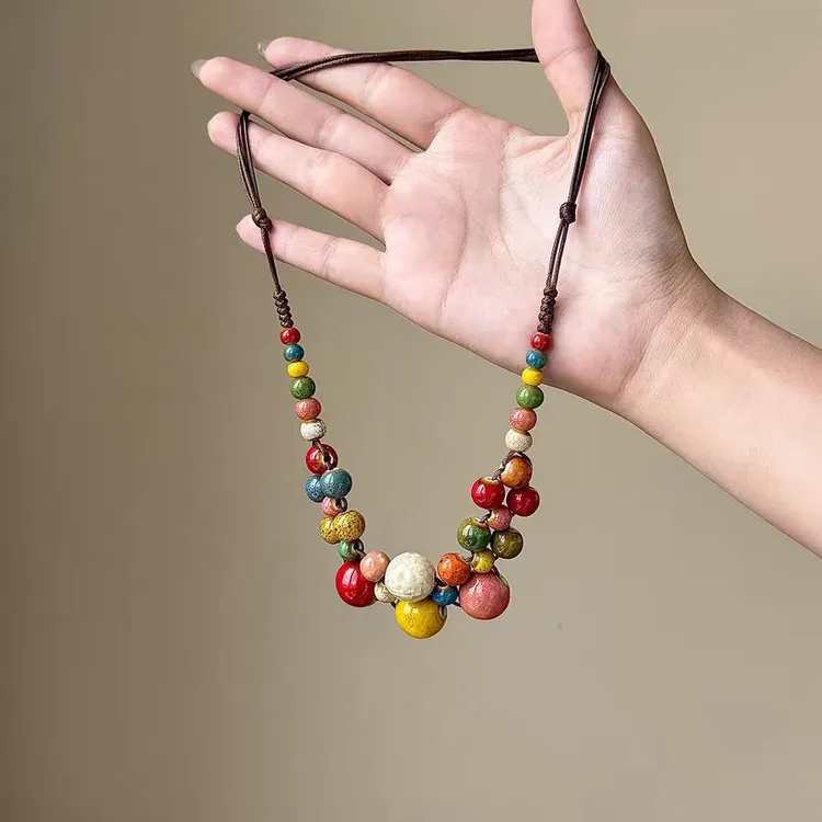 合金皮质项链 新中式复古彩色陶瓷串珠吊坠项链女波西米亚民族风