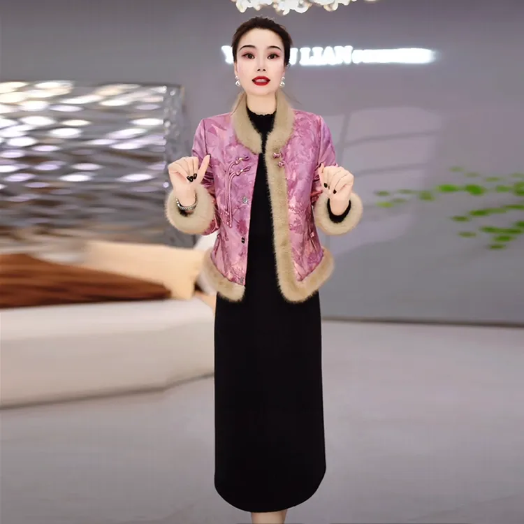 提花缎气质轻奢国风裙套装2025秋冬新款时尚贵气夹棉外套连衣裙子