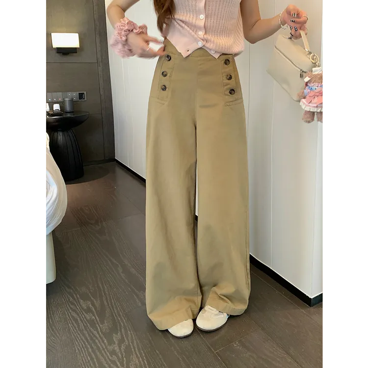 通勤百搭多纽扣休闲裤女夏季新款复古高腰显瘦显腿长阔腿长裤