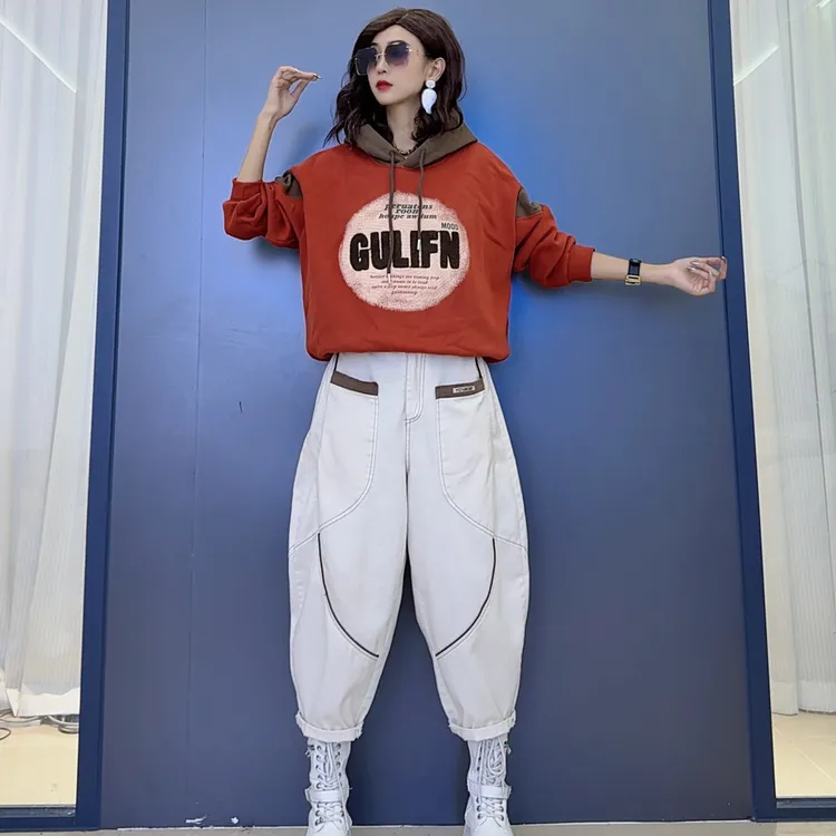 潮流字母拼色冬款加绒连帽卫衣-时尚拼接个性韩版潮流哈伦牛仔裤