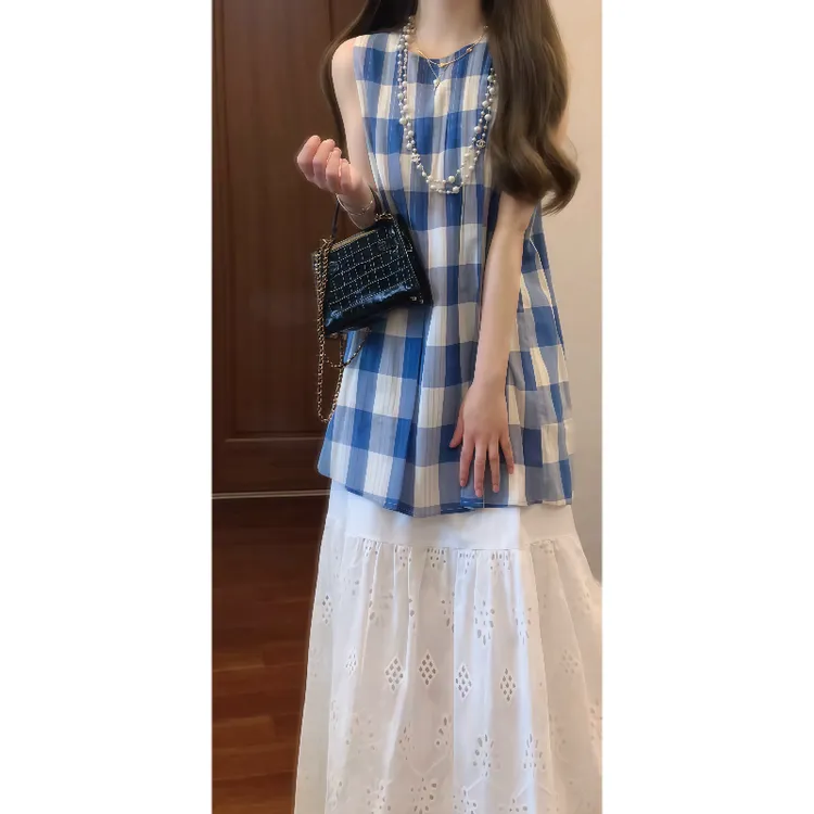夏季甜美减龄蓝色格子背心&白色蕾丝半身裙两件套套装裙9459