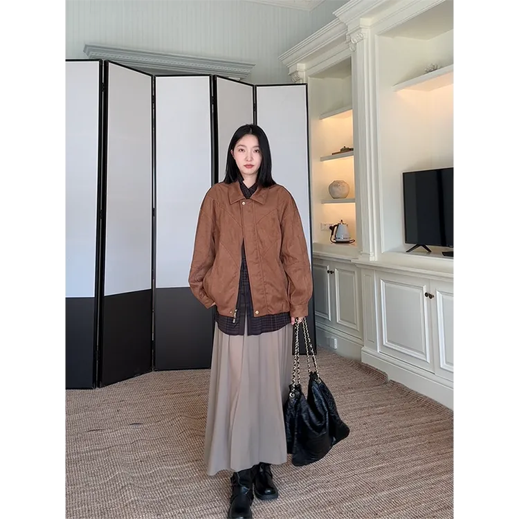 郭九九呢 帅气方领宽松夹克外套假两件拼接衬衫连衣裙 G925A12380