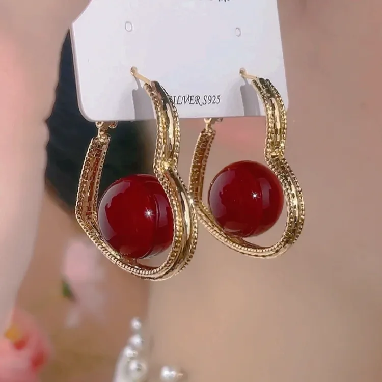 925银针珍珠耳饰 【36号】秋冬新款红色爱心圈珠珠时尚气质耳环女