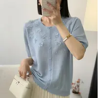 【思思精选】春夏季时尚气质花朵钉珠圆领单排扣针织假开衫A075#