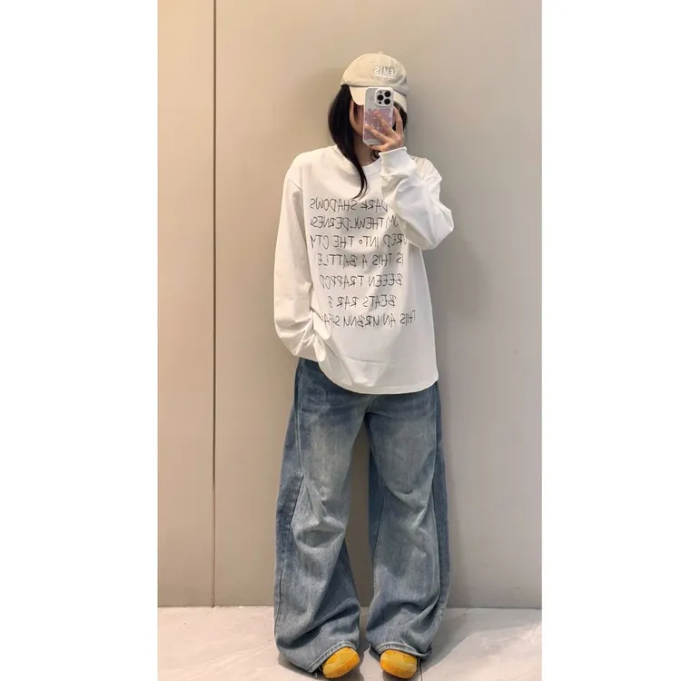 早秋新款美式慵懒风印花圆领螺口长袖女休闲遮肉显瘦上衣
