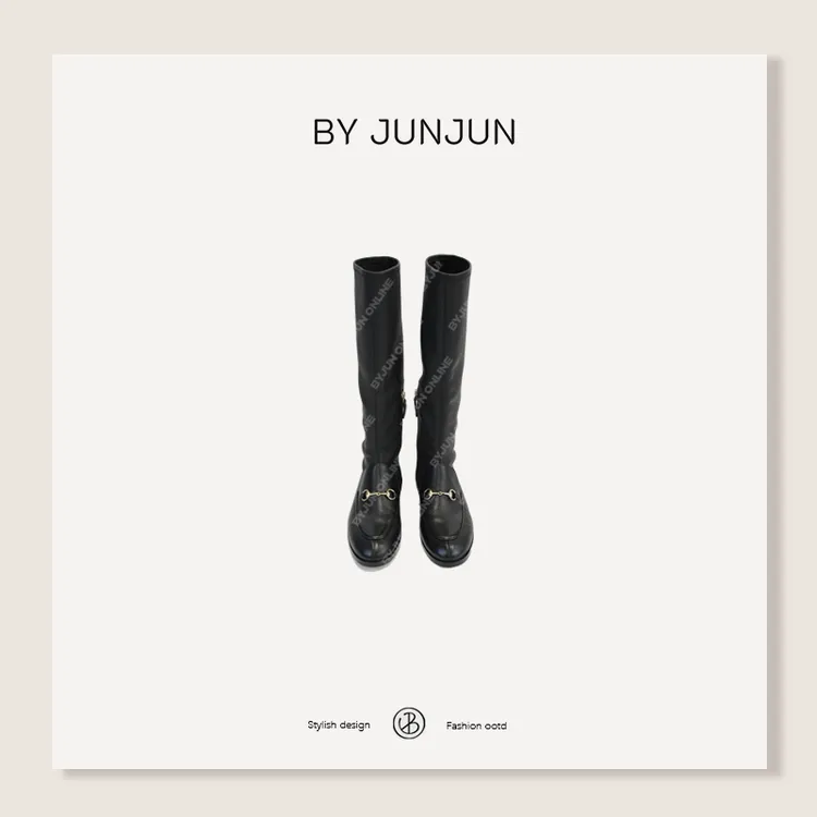 Byjunjun 意大利羊皮马衔扣长筒靴女鞋时装靴冬季女靴过膝靴