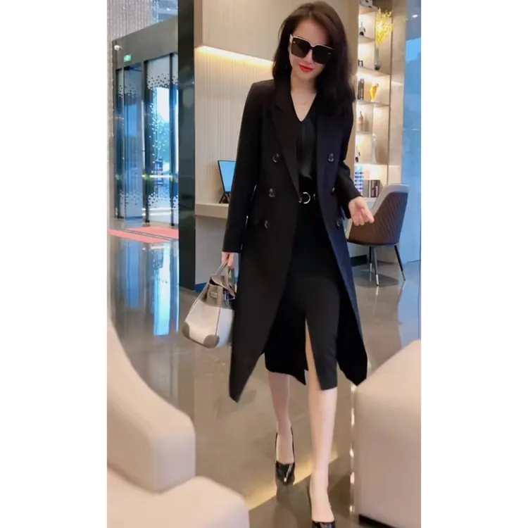 大码黑色中长款西装风衣外套女秋季新款胖mm时尚百搭显瘦过膝大衣
