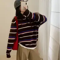 T2666 美式撞色条纹翻领半纽扣毛衣